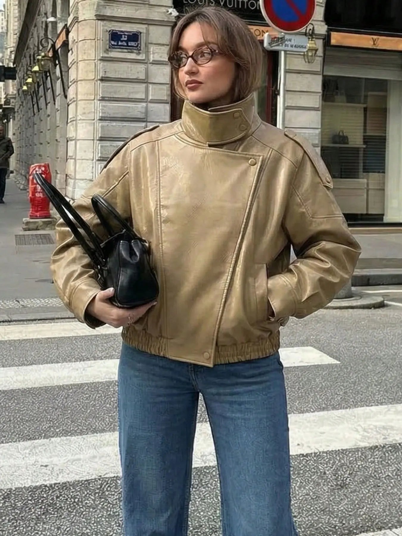 Women's Oversized Vintage Leather-Look Biker Jacket