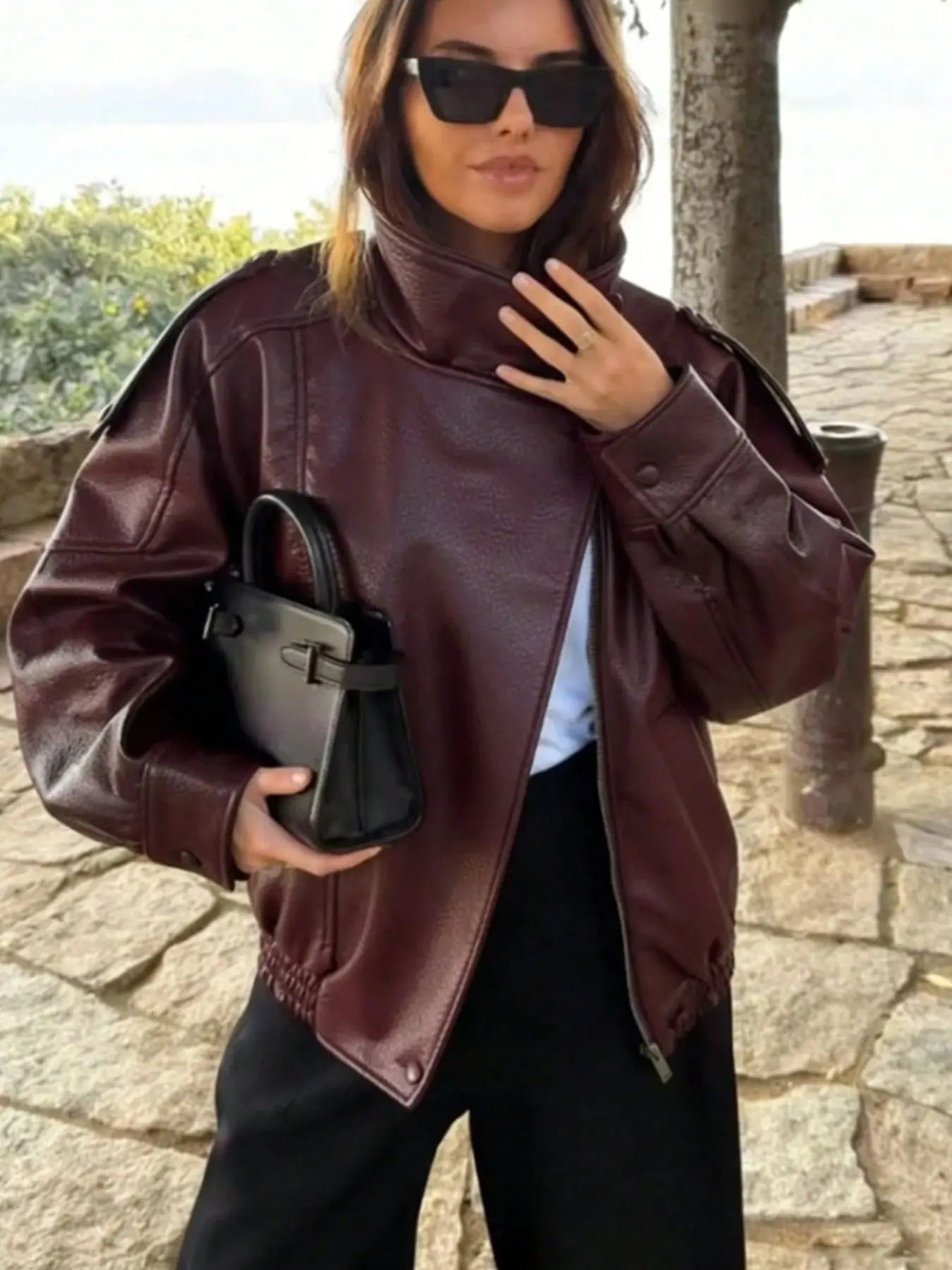Women's Oversized Vintage Leather-Look Biker Jacket