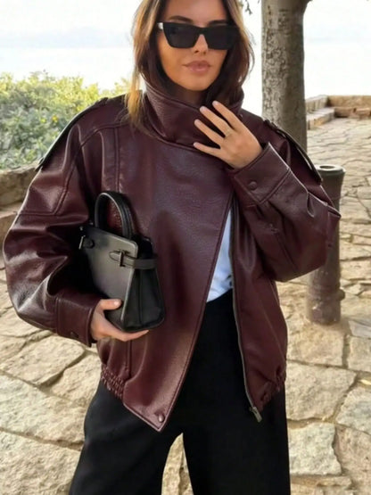 Women's Oversized Vintage Leather-Look Biker Jacket