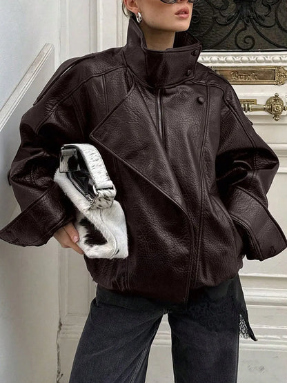 Women's Oversized Vintage Leather-Look Biker Jacket
