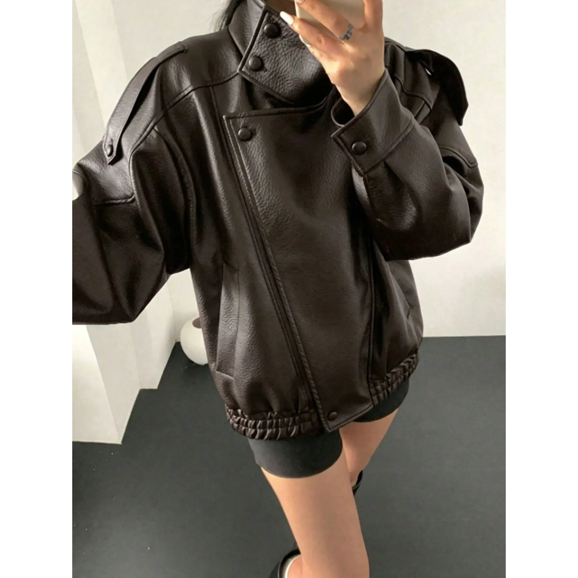 Women's Oversized Vintage Leather-Look Biker Jacket