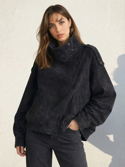 Women's Oversized Vintage Leather-Look Biker Jacket