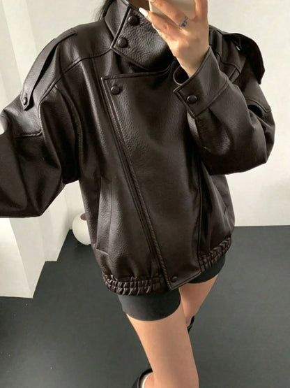Women's Oversized Vintage Leather-Look Biker Jacket