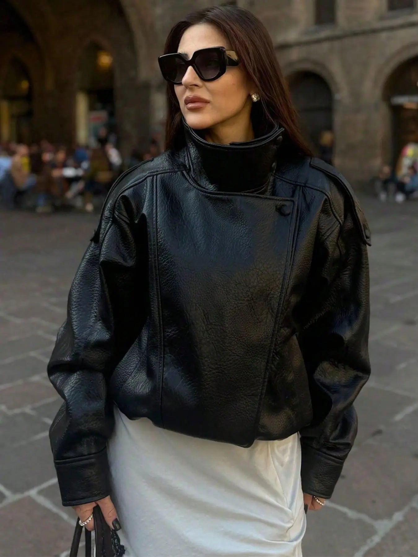 Women's Oversized Vintage Leather-Look Biker Jacket