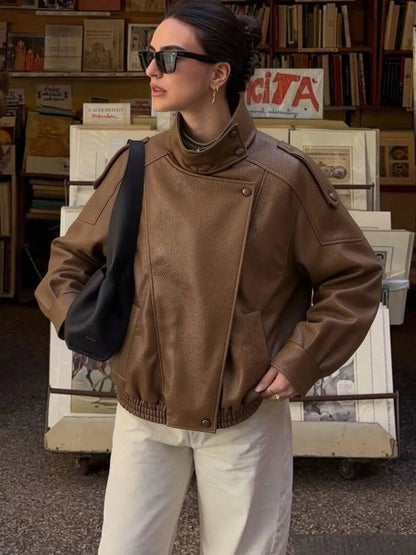 Women's Oversized Vintage Leather-Look Biker Jacket